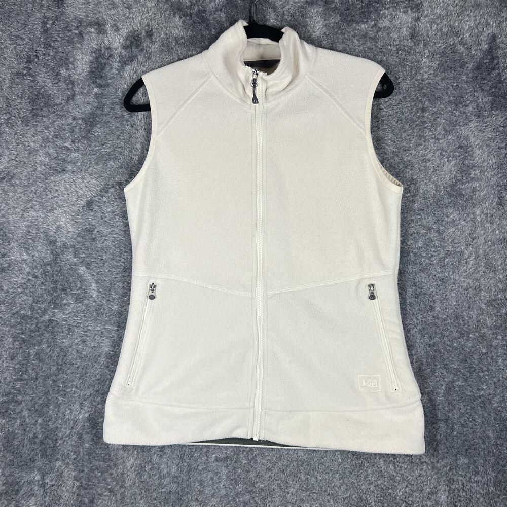 REI Vest Womens M White Fleece Full Zip Lined Pockets Collared Logo Layering
